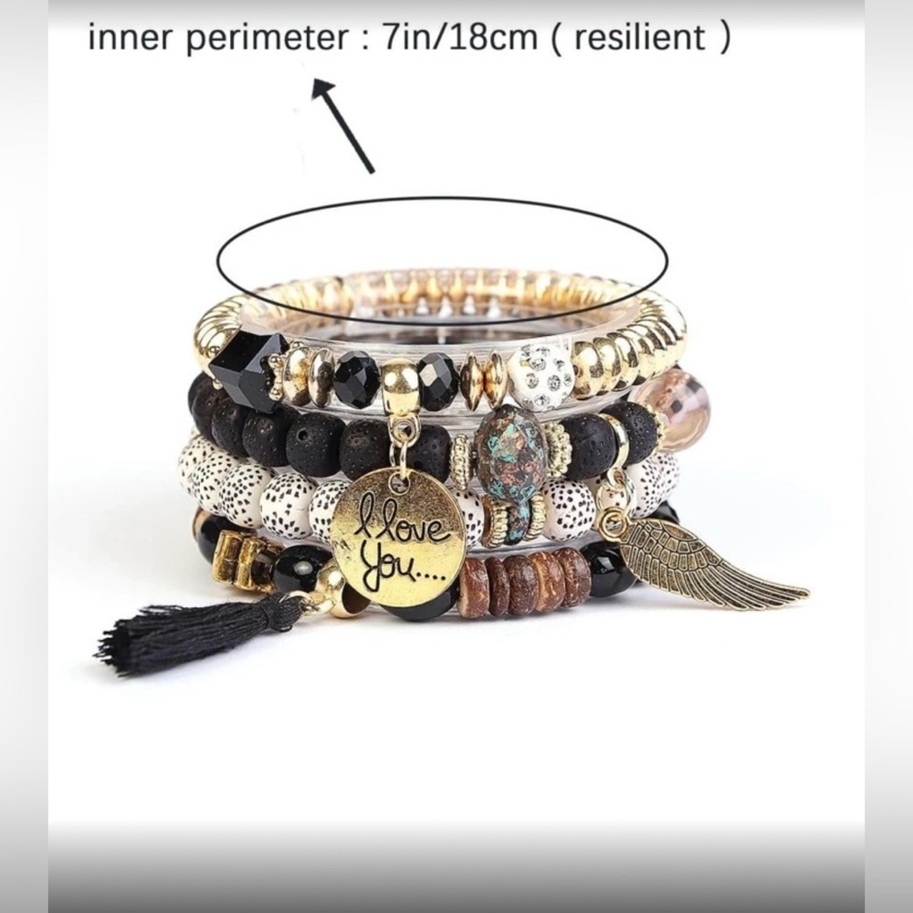 ✨NEW Boho I Love You Gold and Black Beaded layered Bracelet Set - Picture 4 of 5